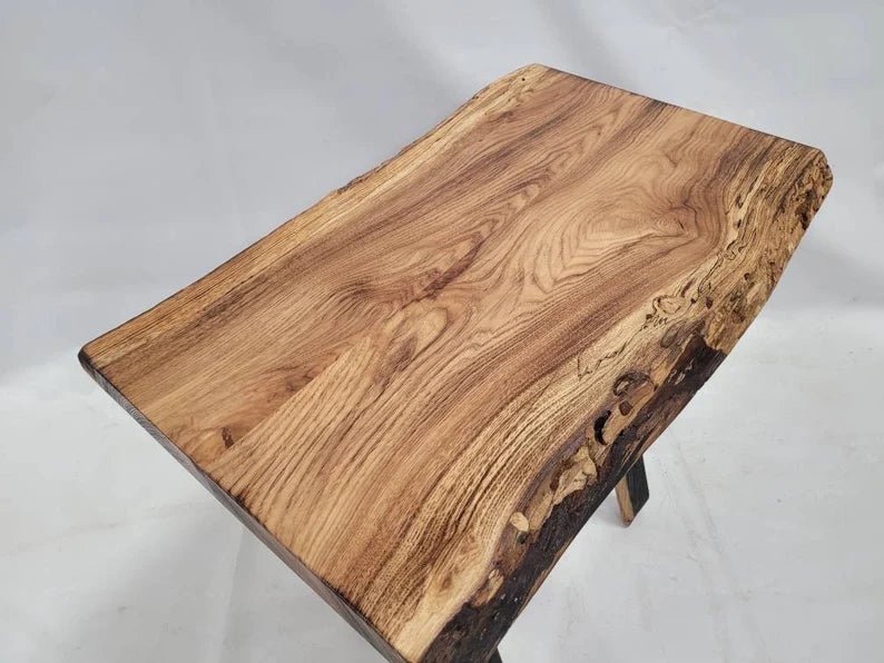 Live Edge Burnt Hickory End Table with Whiskey Barrel Stave Legs and Shelf, Free Shipping, Made in the USA! - 1st Choice Furniture Direct