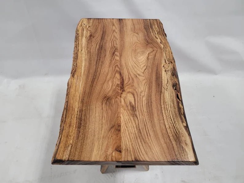 Live Edge Burnt Hickory End Table with Whiskey Barrel Stave Legs and Shelf, Free Shipping, Made in the USA! - 1st Choice Furniture Direct