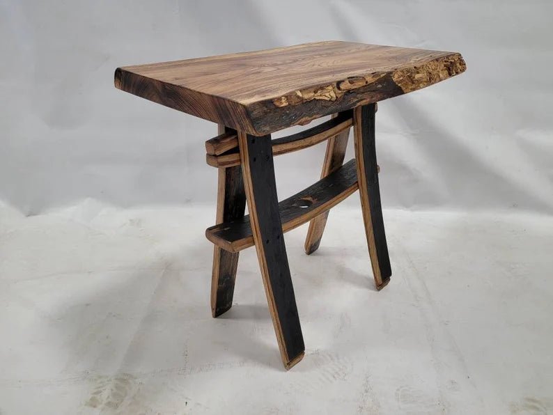 Live Edge Burnt Hickory End Table with Whiskey Barrel Stave Legs and Shelf, Free Shipping, Made in the USA! - 1st Choice Furniture Direct
