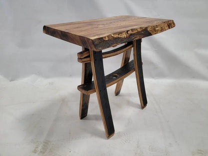 Live Edge Burnt Hickory End Table with Whiskey Barrel Stave Legs and Shelf, Free Shipping, Made in the USA! - 1st Choice Furniture Direct