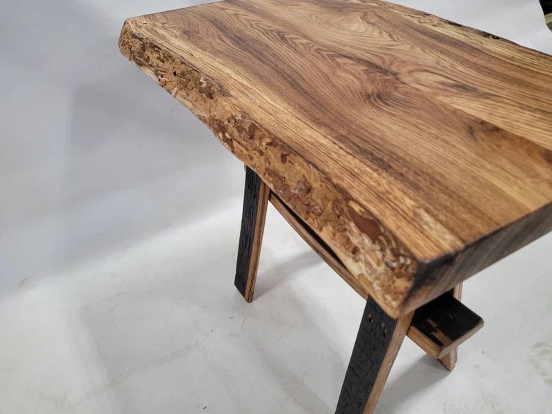 Live Edge Burnt Hickory End Table with Whiskey Barrel Stave Legs and Shelf, Free Shipping, Made in the USA! - 1st Choice Furniture Direct