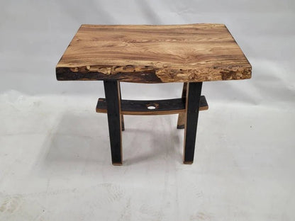 Live Edge Burnt Hickory End Table with Whiskey Barrel Stave Legs and Shelf, Free Shipping, Made in the USA! - 1st Choice Furniture Direct