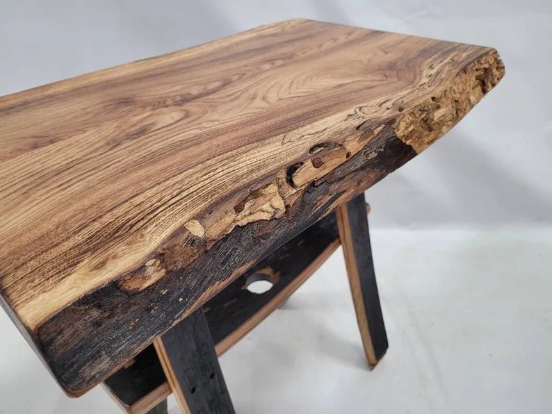 Live Edge Burnt Hickory End Table with Whiskey Barrel Stave Legs and Shelf, Free Shipping, Made in the USA! - 1st Choice Furniture Direct