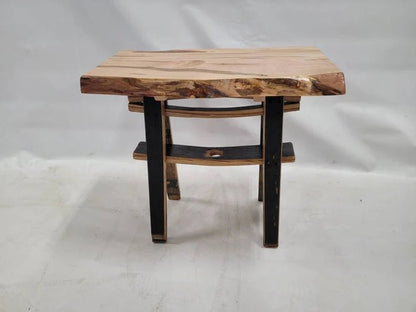 Live Edge Burnt Hickory End Table with Whiskey Barrel Stave Legs and Shelf, Free Shipping, Made in the USA! - 1st Choice Furniture Direct