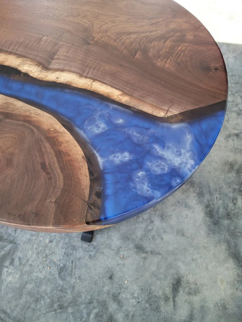 Live Edge Walnut End Table, Epoxy Resin River, Steel Legs - 1st Choice Furniture Direct