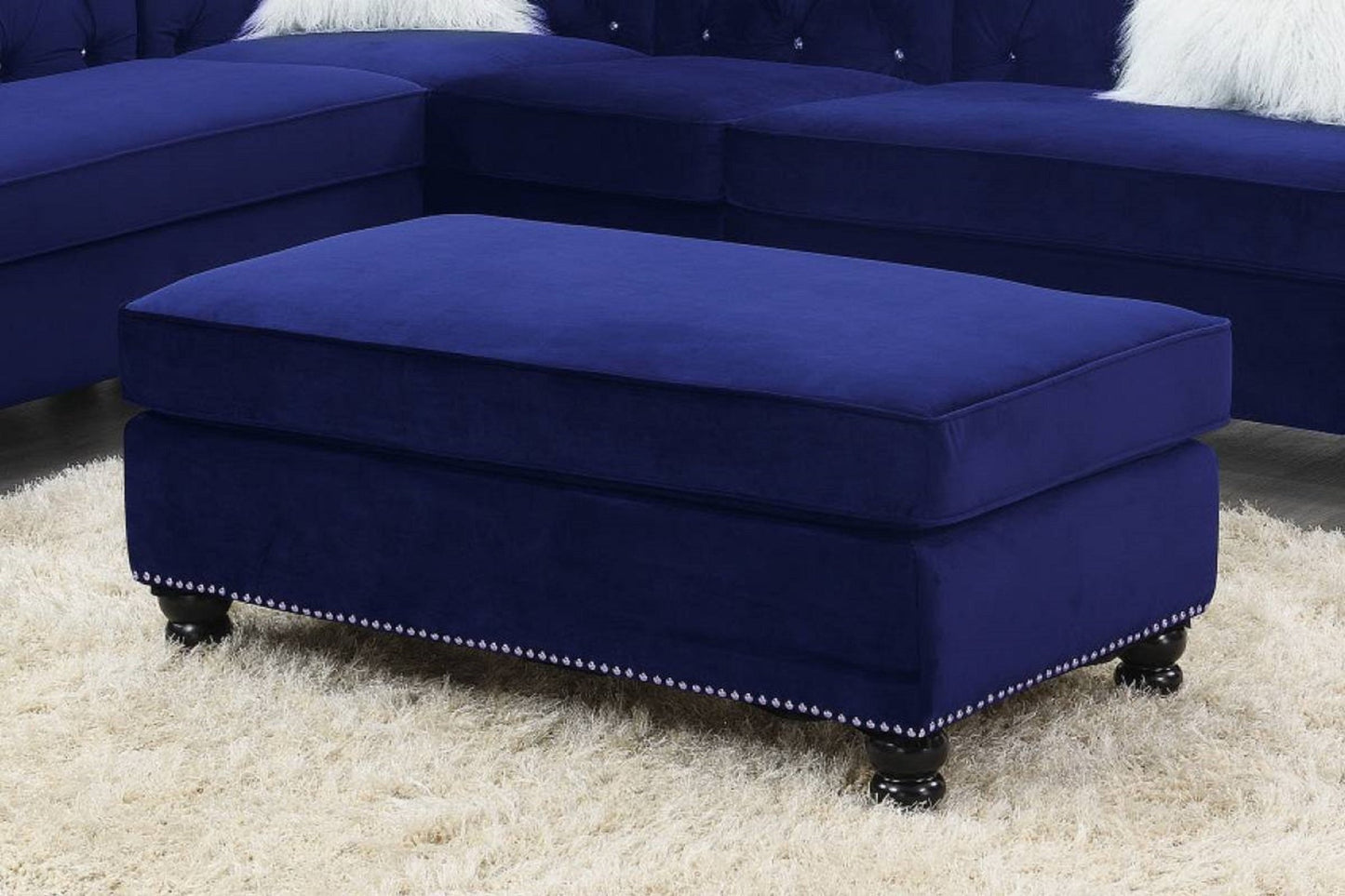 Living Room XL - Cocktail Ottoman Indigo Blue Velvet Accent Studding Trim Wooden Legs - 1st Choice Furniture Direct