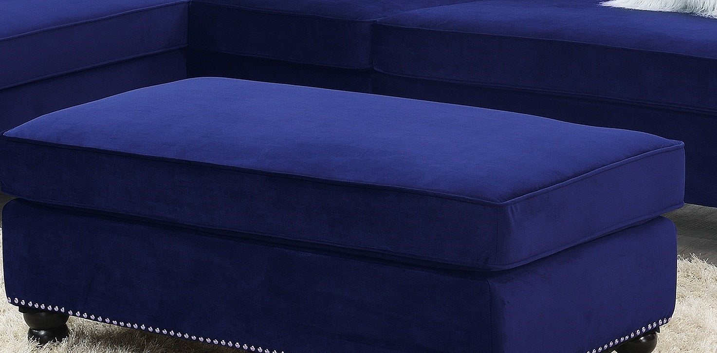 Living Room XL - Cocktail Ottoman Indigo Blue Velvet Accent Studding Trim Wooden Legs - 1st Choice Furniture Direct
