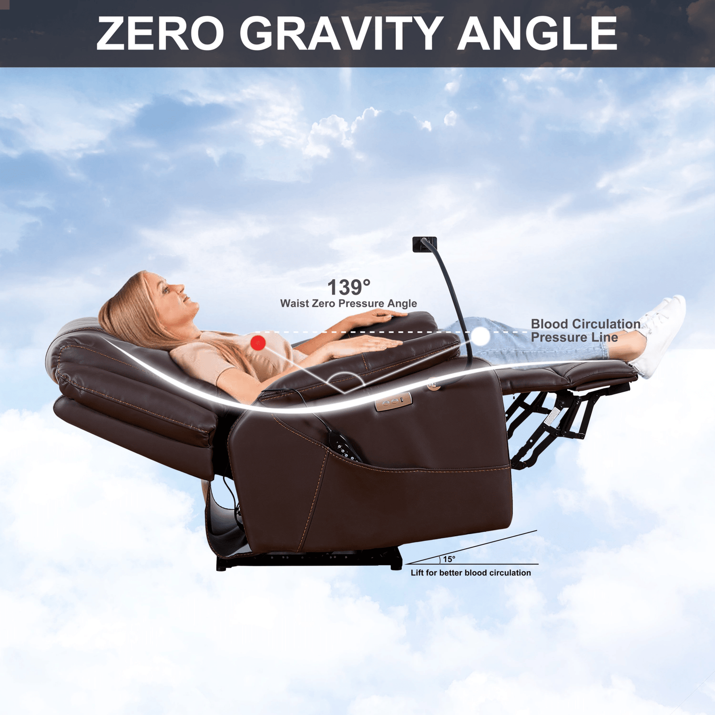 Liyasi Zero Gravity Power Recliner with comfortable lying degree, Massage, Heating and Phone Holder, Side Pockets, USB Charge Ports, Enjoy extreme relaxation - 1st Choice Furniture Direct