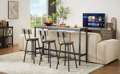 Long Bar Table Set with 3 PU Upholstered Bar Stools, Industrial Bar Table and Chairs for Kitchen Breakfast Table, Living Room, Banquet Hall, Rustic Gray and Black, 63″L x15.7'W x 37.5'H - 1st Choice Furniture Direct