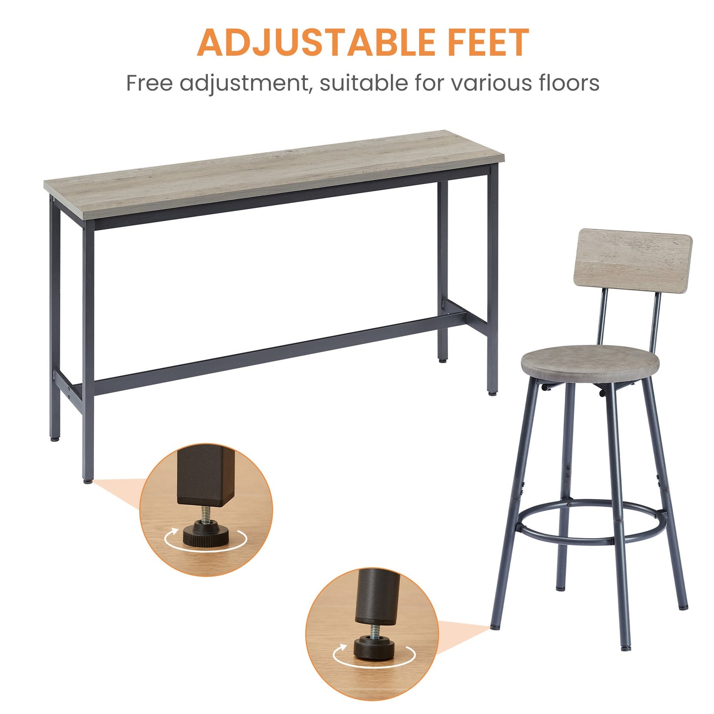 Long Bar Table Set with 3 PU Upholstered Bar Stools, Industrial Bar Table and Chairs for Kitchen Breakfast Table, Living Room, Banquet Hall, Rustic Gray and Black, 63″L x15.7'W x 37.5'H - 1st Choice Furniture Direct