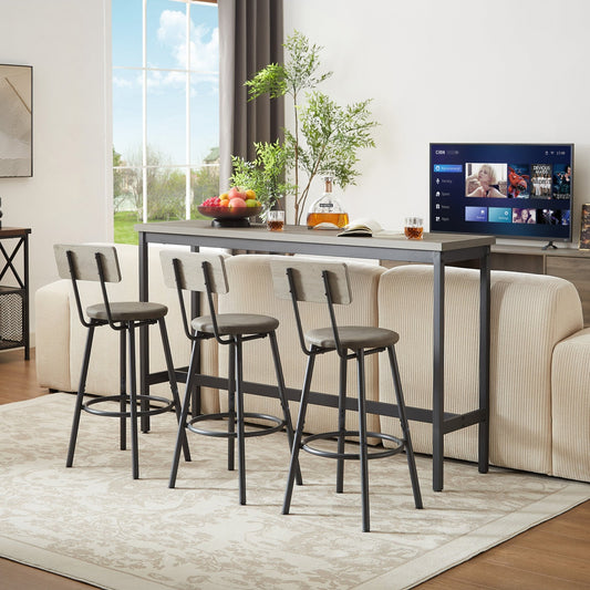 Long Bar Table Set with 3 PU Upholstered Bar Stools, Industrial Bar Table and Chairs for Kitchen Breakfast Table, Living Room, Banquet Hall, Rustic Gray and Black, 63″L x15.7'W x 37.5'H - 1st Choice Furniture Direct
