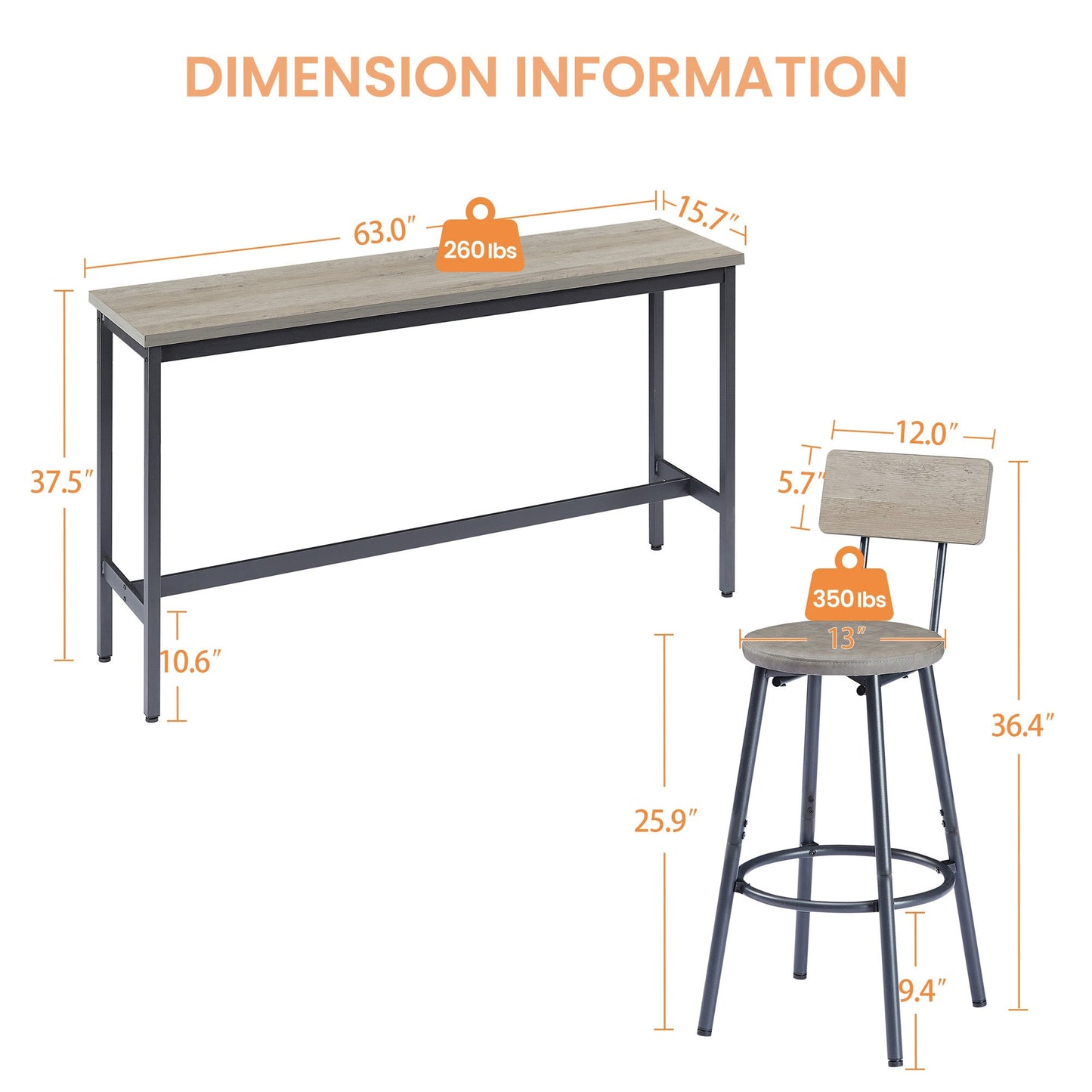 Long Bar Table Set with 3 PU Upholstered Bar Stools, Industrial Bar Table and Chairs for Kitchen Breakfast Table, Living Room, Banquet Hall, Rustic Gray and Black, 63″L x15.7'W x 37.5'H - 1st Choice Furniture Direct