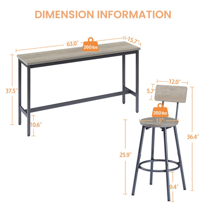 Long Bar Table Set with 3 PU Upholstered Bar Stools, Industrial Bar Table and Chairs for Kitchen Breakfast Table, Living Room, Banquet Hall, Rustic Gray and Black, 63″L x15.7'W x 37.5'H - 1st Choice Furniture Direct