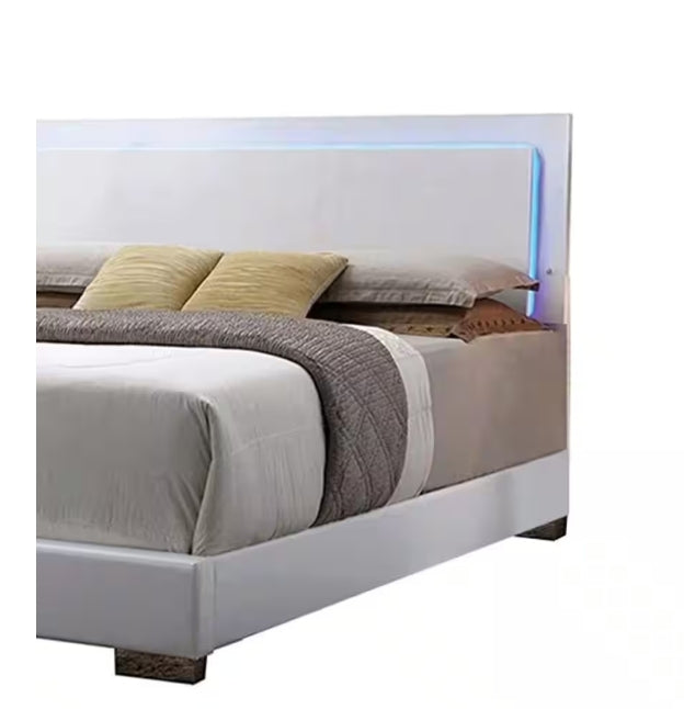 Lorimar White Synthetic Leather & White Leg Queen Bed W/Led - 1st Choice Furniture Direct