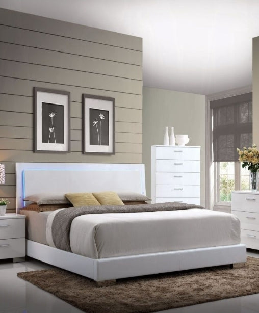 Lorimar White Synthetic Leather & White Leg Queen Bed W/Led - 1st Choice Furniture Direct