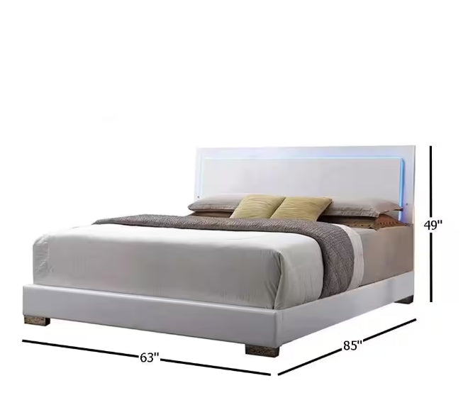 Lorimar White Synthetic Leather & White Leg Queen Bed W/Led - 1st Choice Furniture Direct