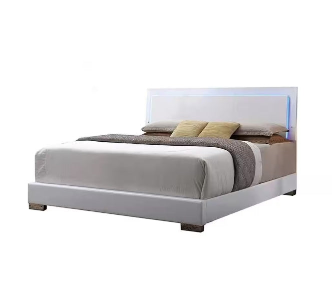 Lorimar White Synthetic Leather & White Leg Queen Bed W/Led - 1st Choice Furniture Direct