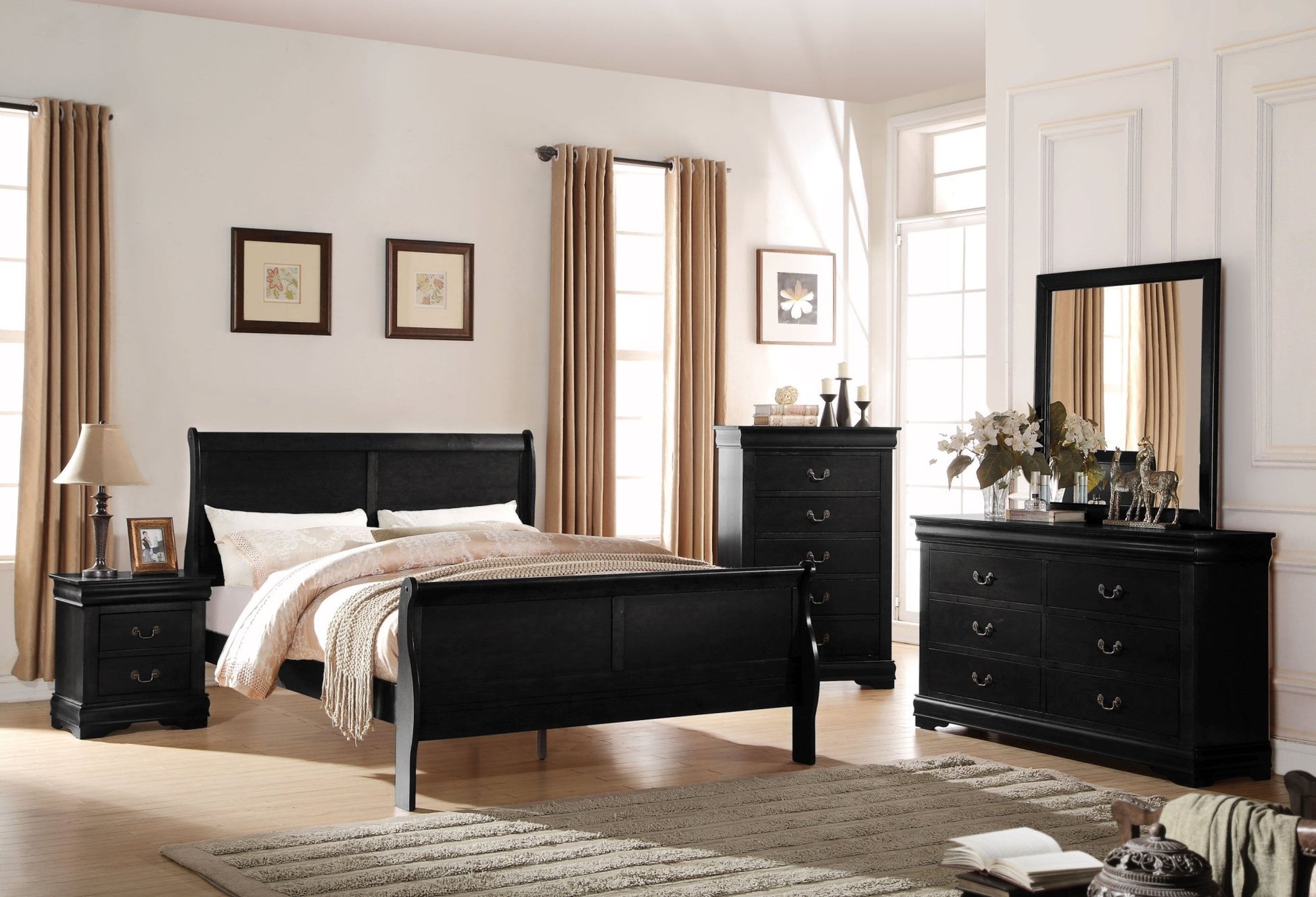 Louis Philippe Black Finish Queen Bed - 1st Choice Furniture Direct