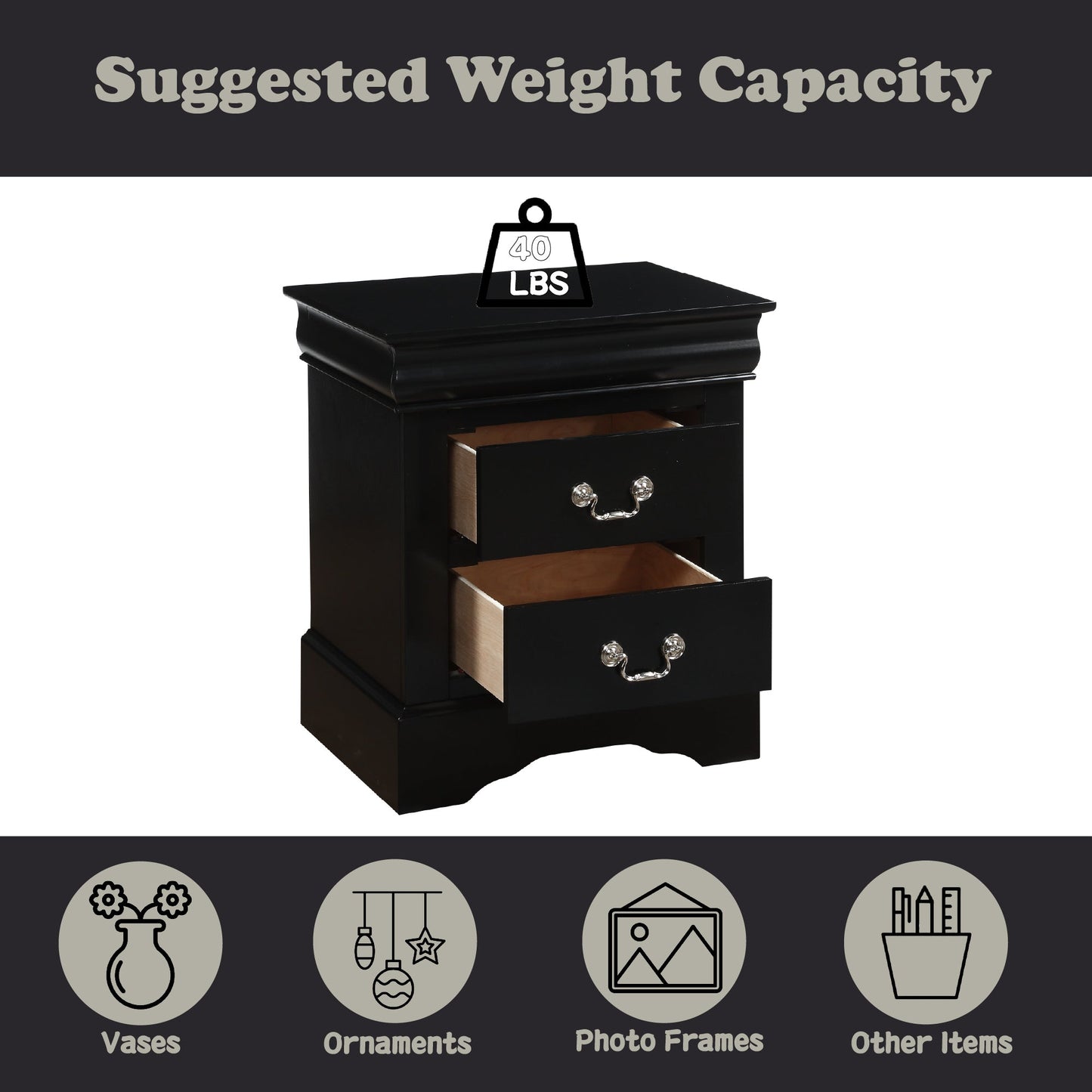 Louis Philippe III Black Finish Nightstand - 1st Choice Furniture Direct