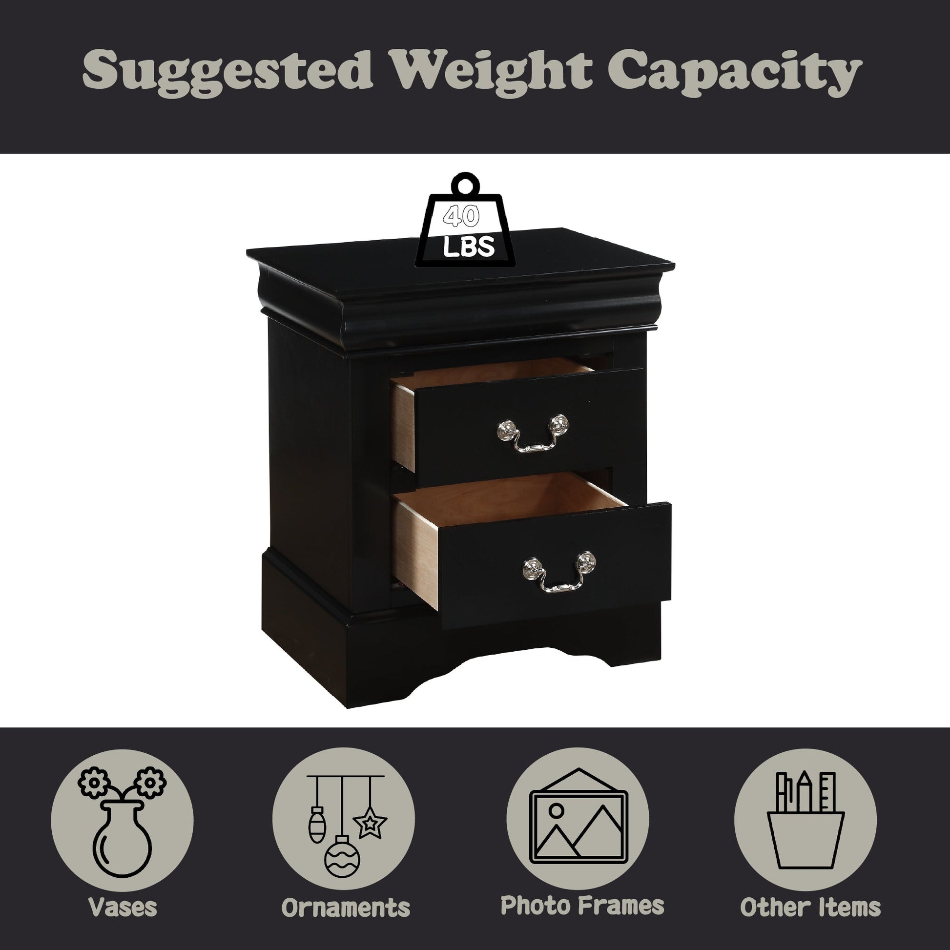 Louis Philippe III Black Finish Nightstand - 1st Choice Furniture Direct