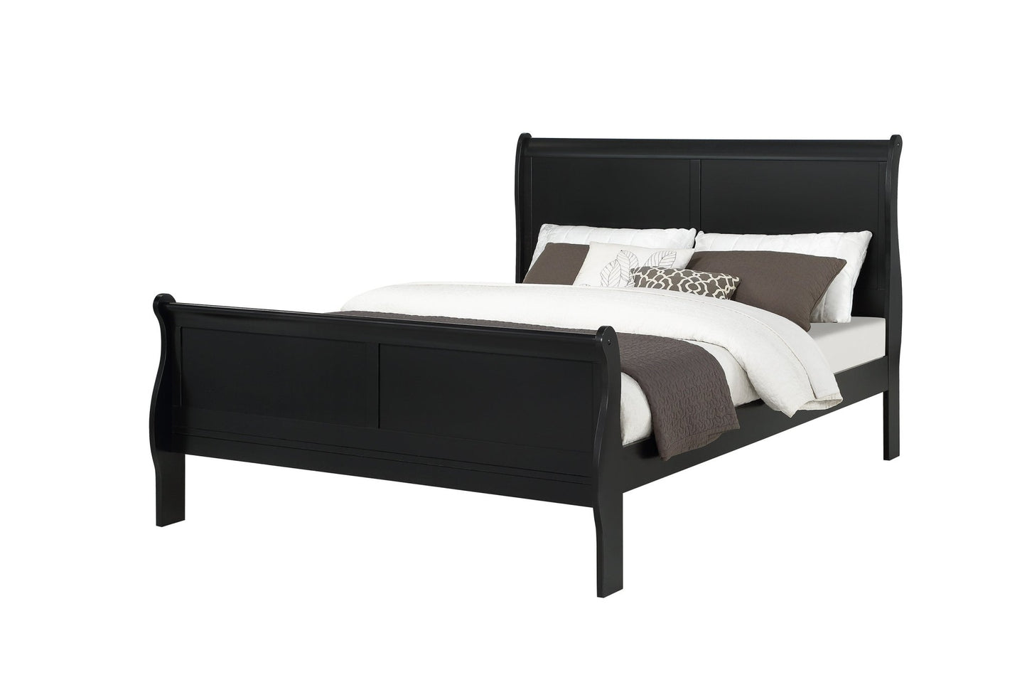 Louis Phillipe Black Finish Queen Size Panel Sleigh Bed Solid Wood Wooden Bedroom Furniture - 1st Choice Furniture Direct