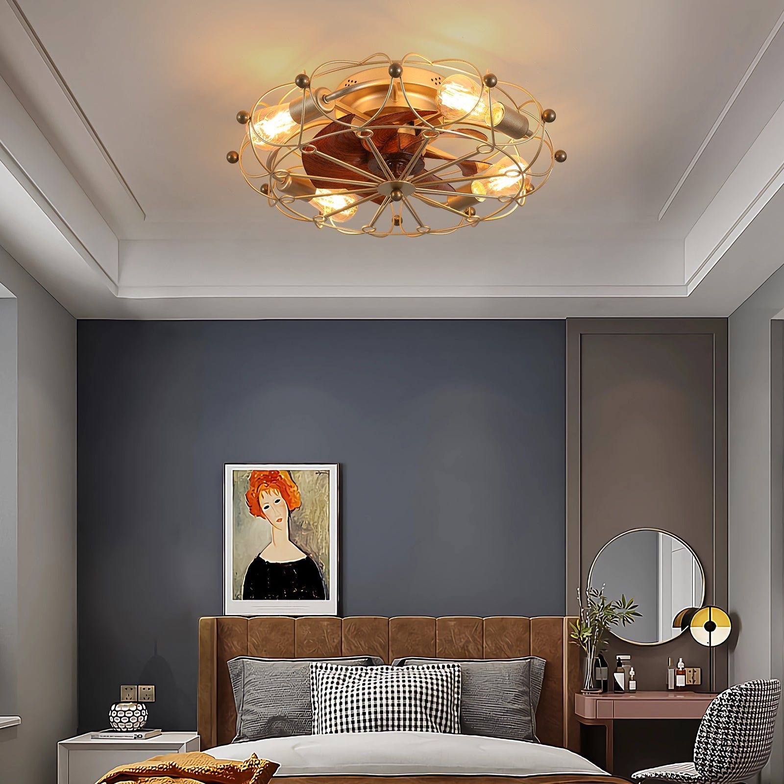 Low Profile Caged Ceiling Fan with Lights Remote Control, Embedded modern industrial ceiling fan - 1st Choice Furniture Direct