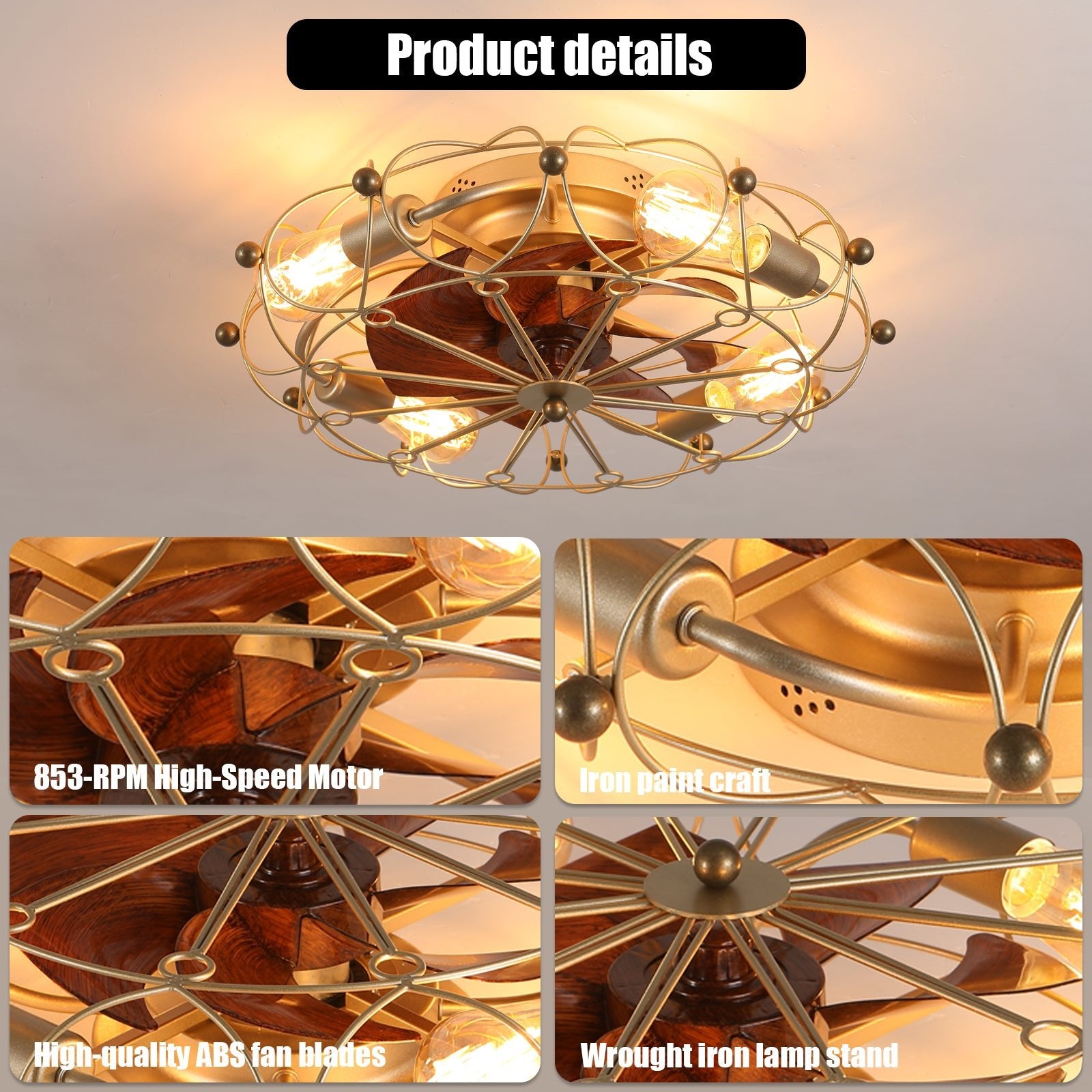Low Profile Caged Ceiling Fan with Lights Remote Control, Embedded modern industrial ceiling fan - 1st Choice Furniture Direct
