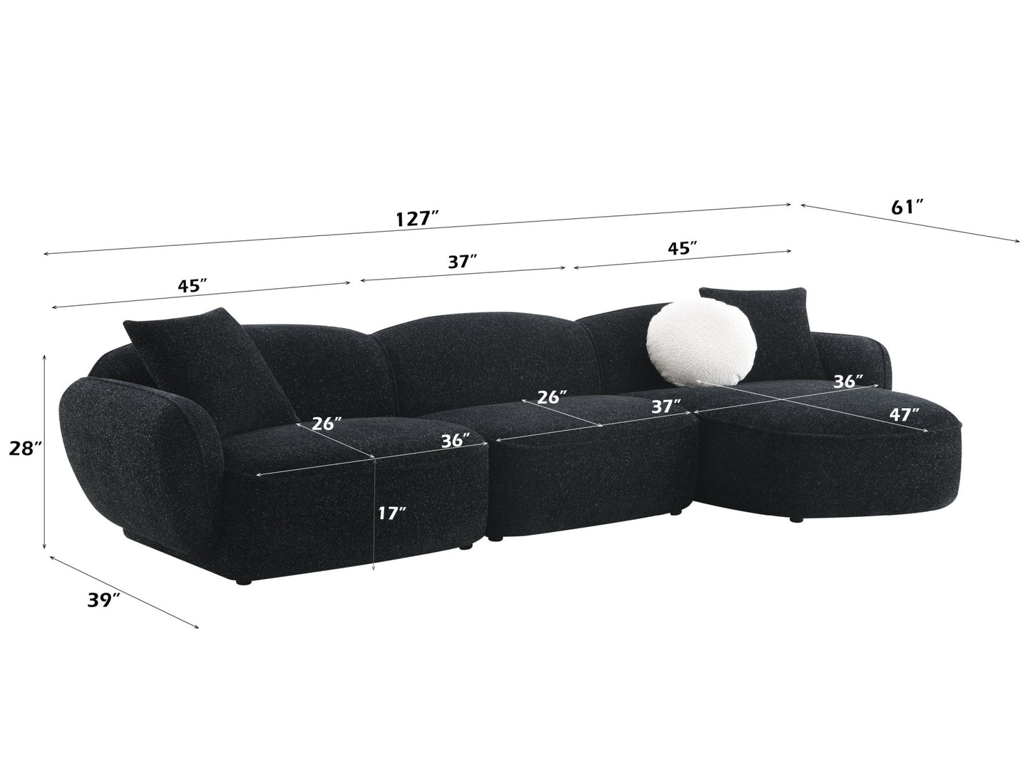 Lucifer Black & White Shimmer Fabric Sectional Sofa w/3 Pillows - 1st Choice Furniture Direct