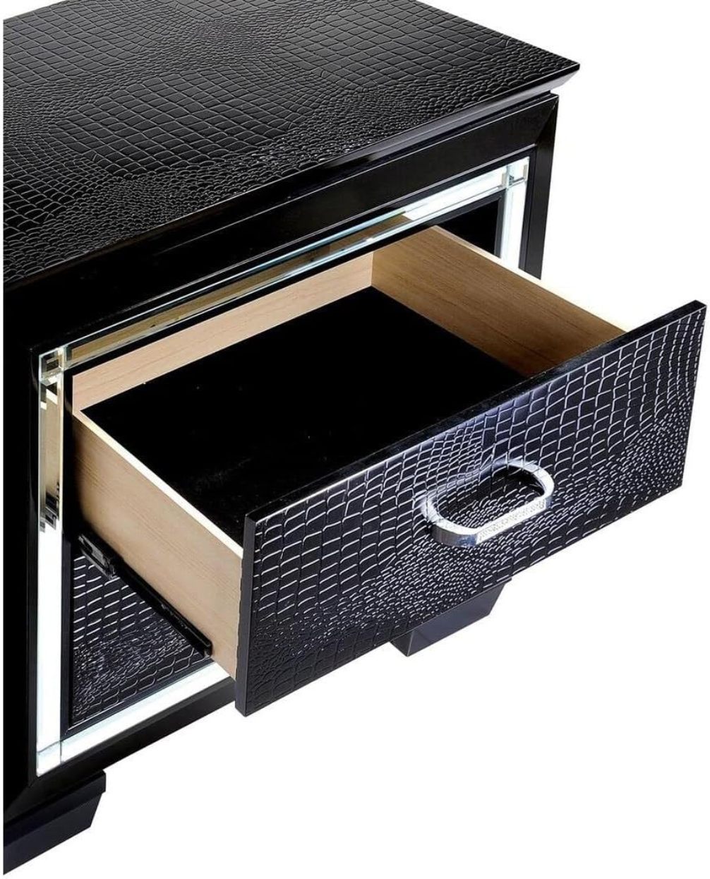 Luxury Black Mirrored Nightstand with LED Light | Crocodile Texture & Diamond Handles - 1st Choice Furniture Direct
