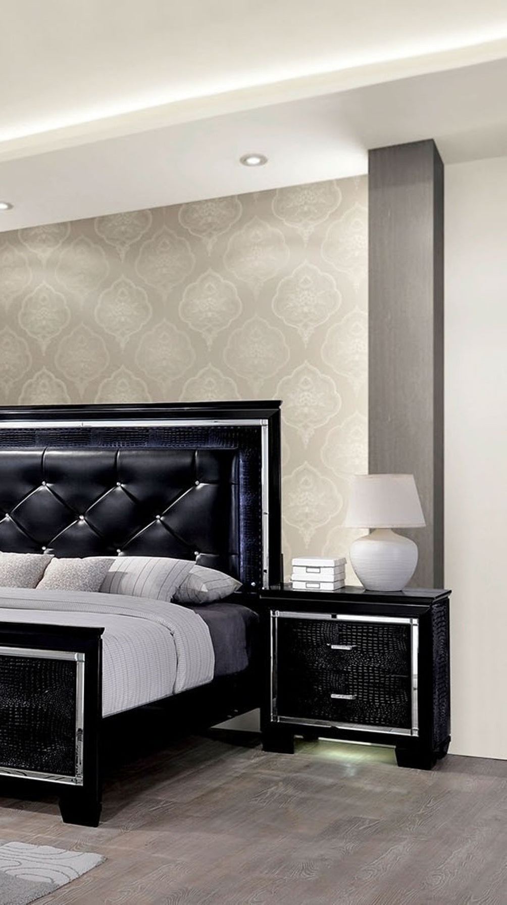 Luxury Black Mirrored Nightstand with LED Light | Crocodile Texture & Diamond Handles - 1st Choice Furniture Direct