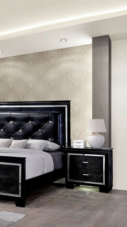 Luxury Black Mirrored Nightstand with LED Light | Crocodile Texture & Diamond Handles - 1st Choice Furniture Direct