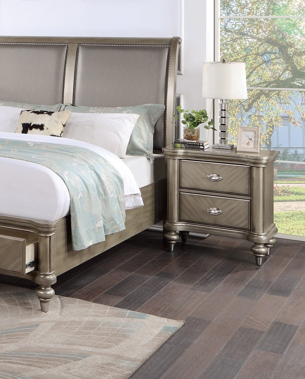 Luxury Classic Antique Silver / Champagne Finish 1pc Nightstand Storage Space Bedside Table Bedroom Furniture - 1st Choice Furniture Direct