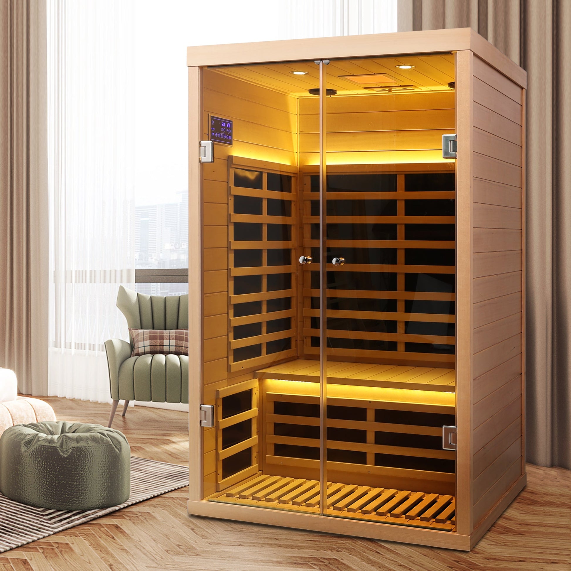 Luxury Indoor Hemlock Infrared Sauna Room with Double Doors and Glass for Two Persons - 1st Choice Furniture Direct