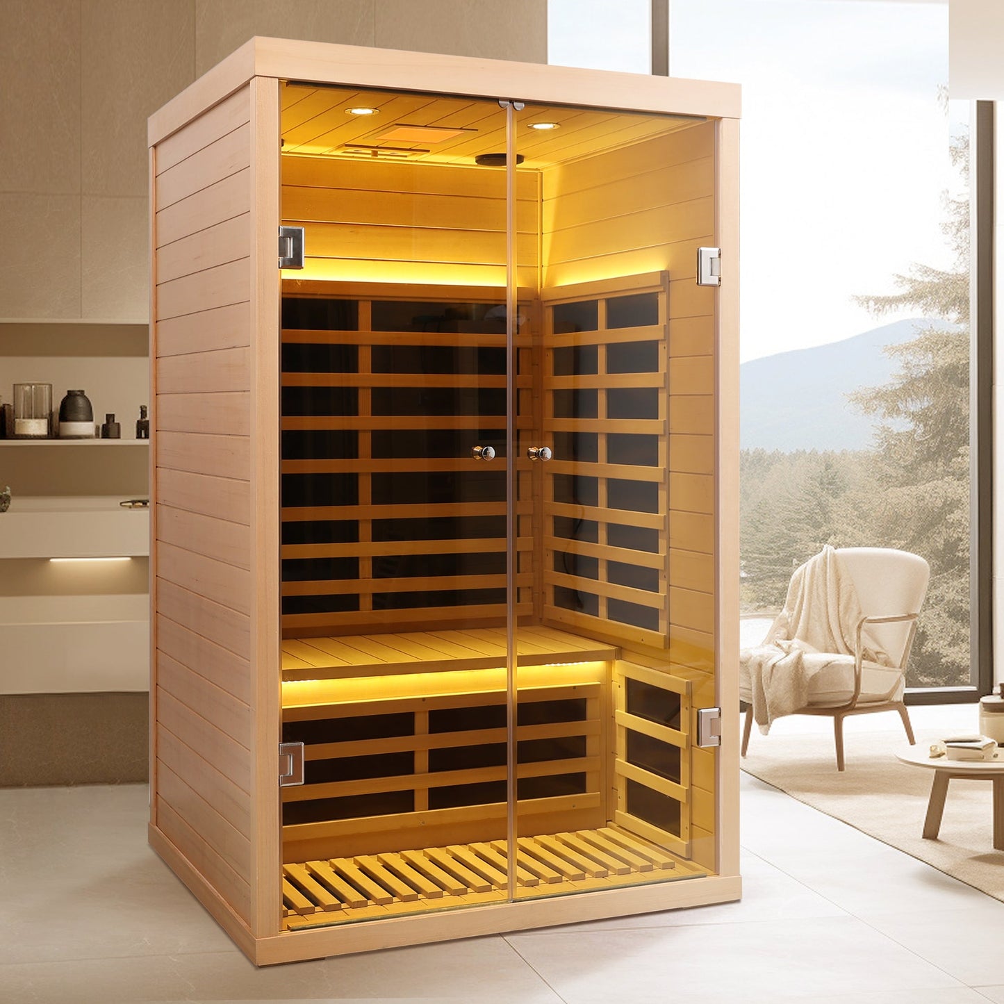 Luxury Indoor Hemlock Infrared Sauna Room with Double Doors and Glass for Two Persons - 1st Choice Furniture Direct