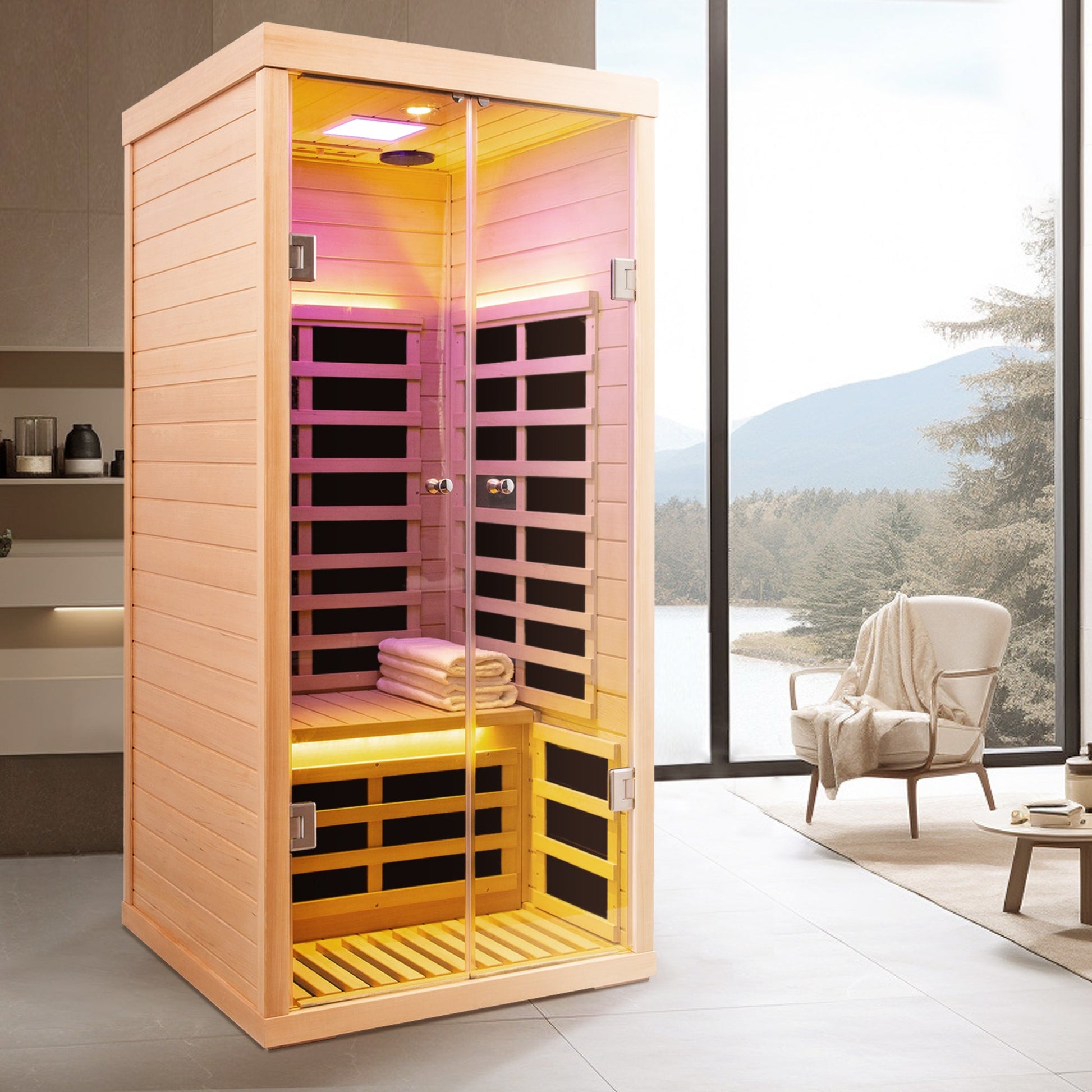 Luxury Indoor Low EMF Far Infrared Sauna Room with Hemlock Wood and Glass Double Doors - 1st Choice Furniture Direct
