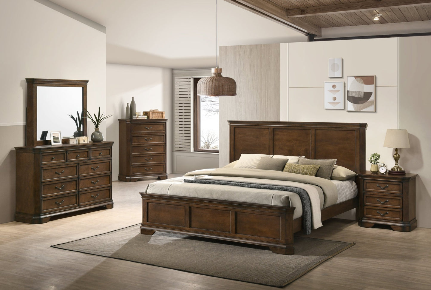 Maderne Traditional Wood Panel 5 pieces King Bed set with Dresser, Mirror, Nightstand and Chest - 1st Choice Furniture Direct