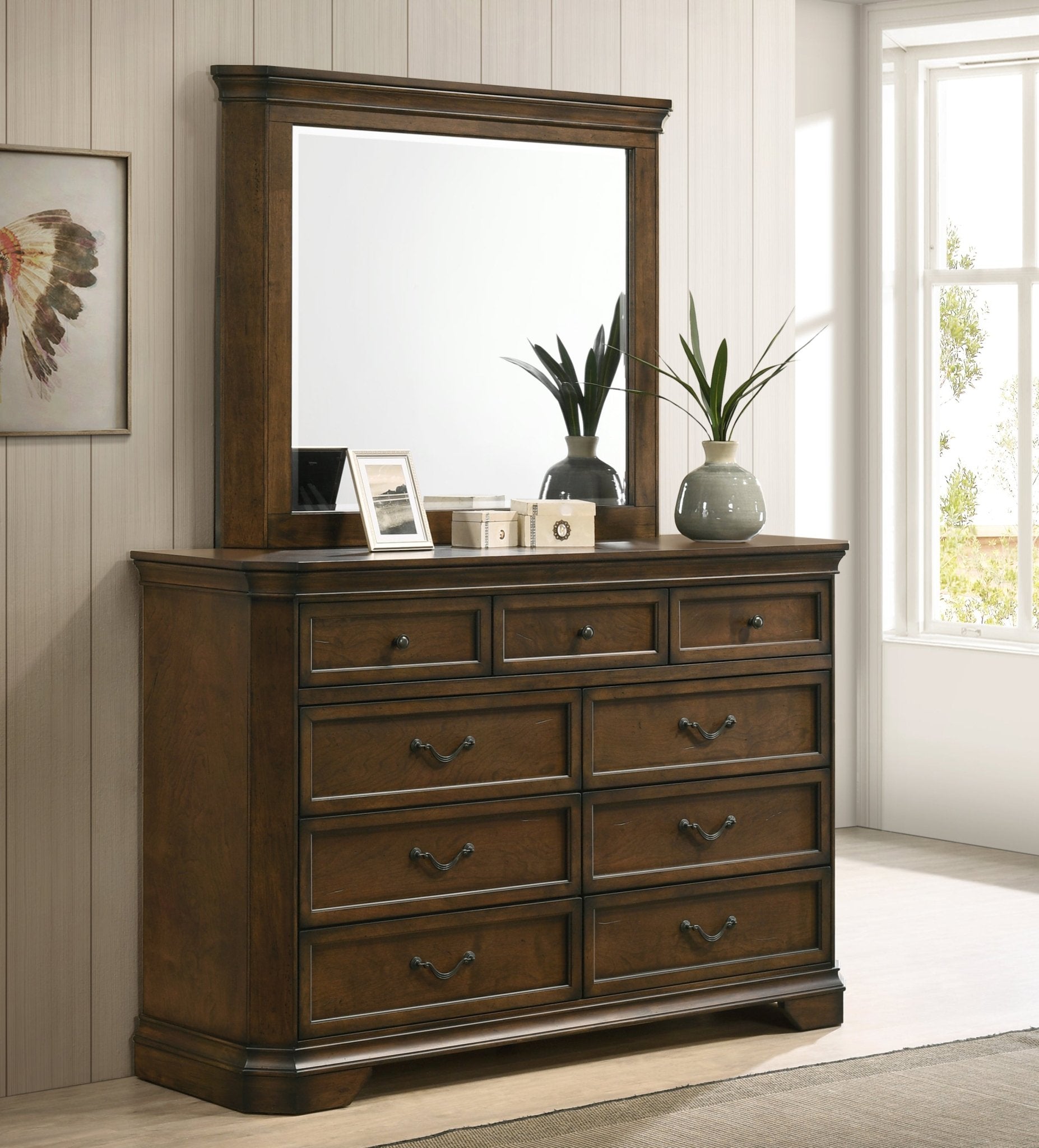 Maderne Traditional Wood Panel 5 pieces King Bed set with Dresser, Mirror, Nightstand and Chest - 1st Choice Furniture Direct