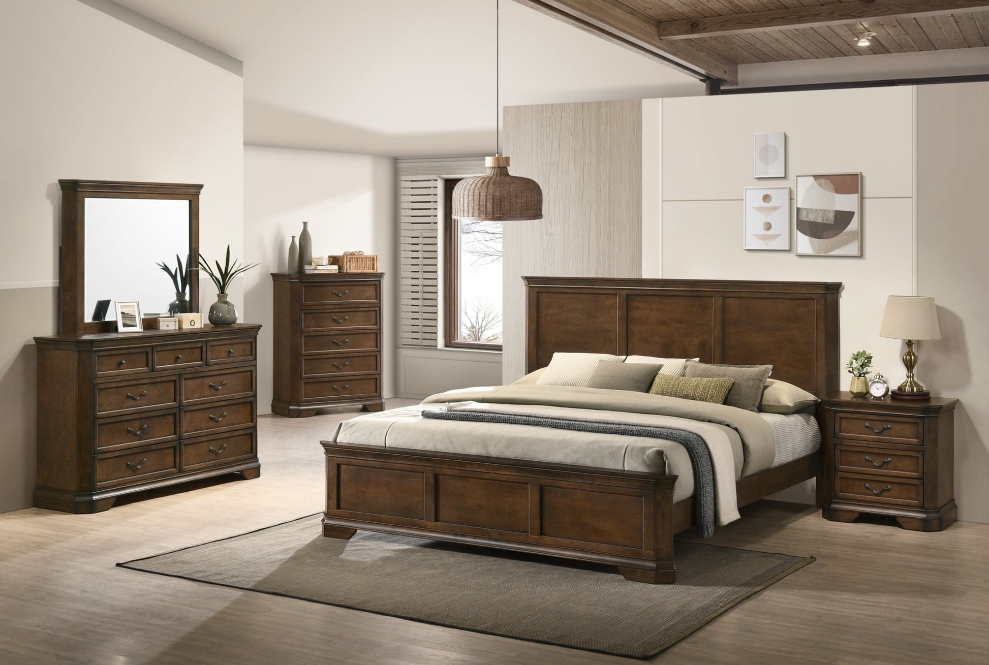 Maderne Traditional Wood Panel 5 pieces Queen Bed set with Dresser, Mirror, Nightstand and Chest - 1st Choice Furniture Direct