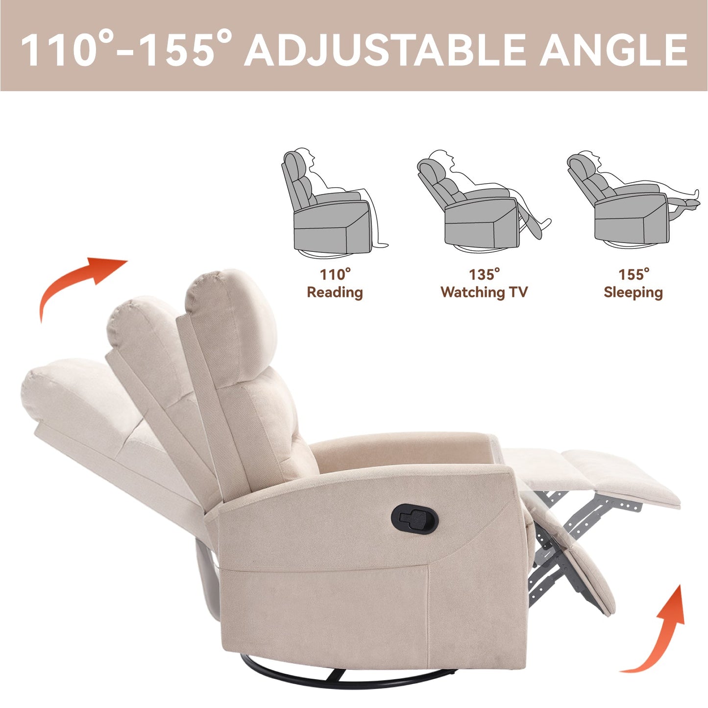 Manual Recliner Chair with Rocker and Swivel in Fabric for Living Room, Beige - 1st Choice Furniture Direct