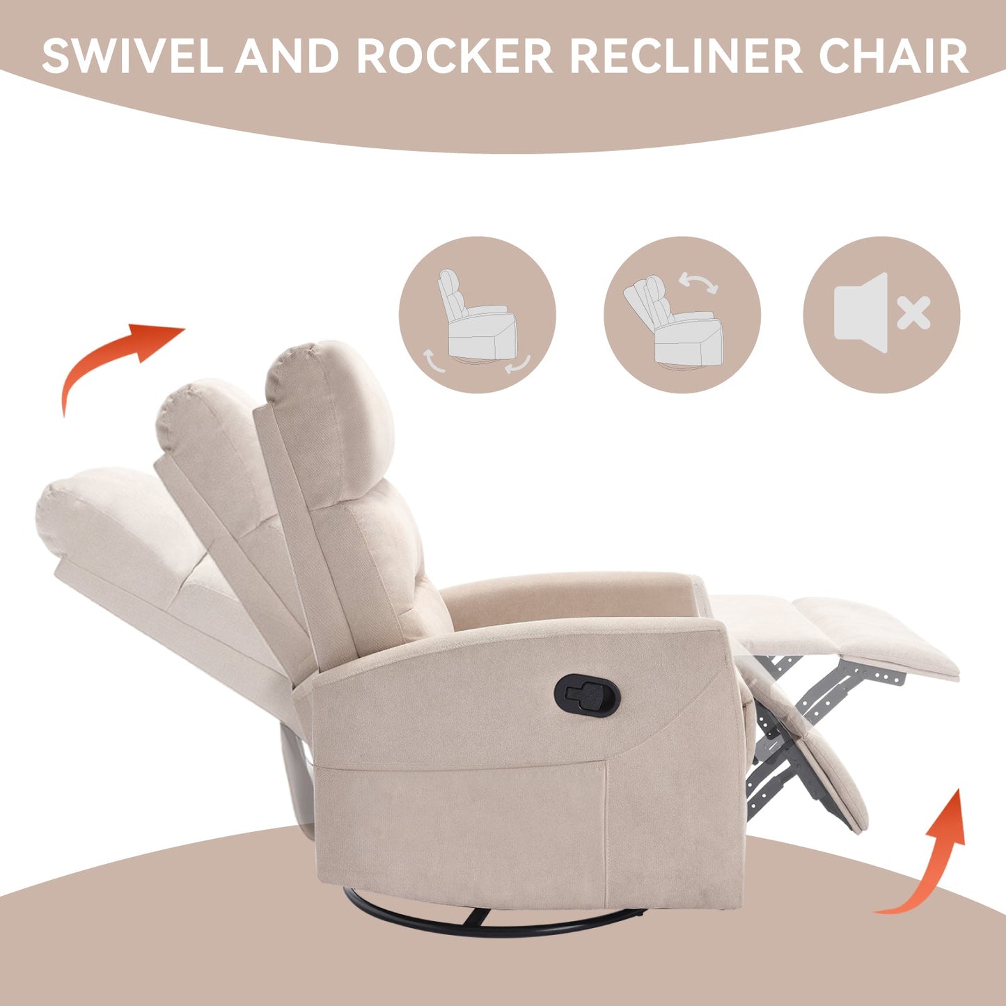 Manual Recliner Chair with Rocker and Swivel in Fabric for Living Room, Beige - 1st Choice Furniture Direct