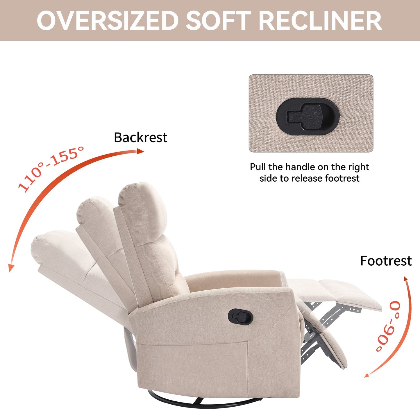 Manual Recliner Chair with Rocker and Swivel in Fabric for Living Room, Beige - 1st Choice Furniture Direct