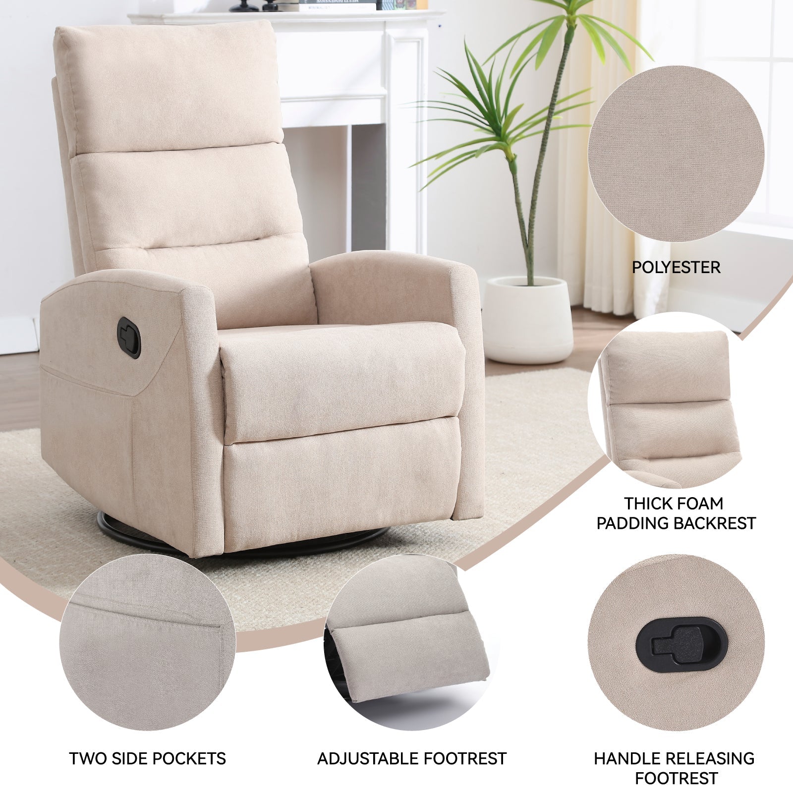 Manual Recliner Chair with Rocker and Swivel in Fabric for Living Room, Beige - 1st Choice Furniture Direct