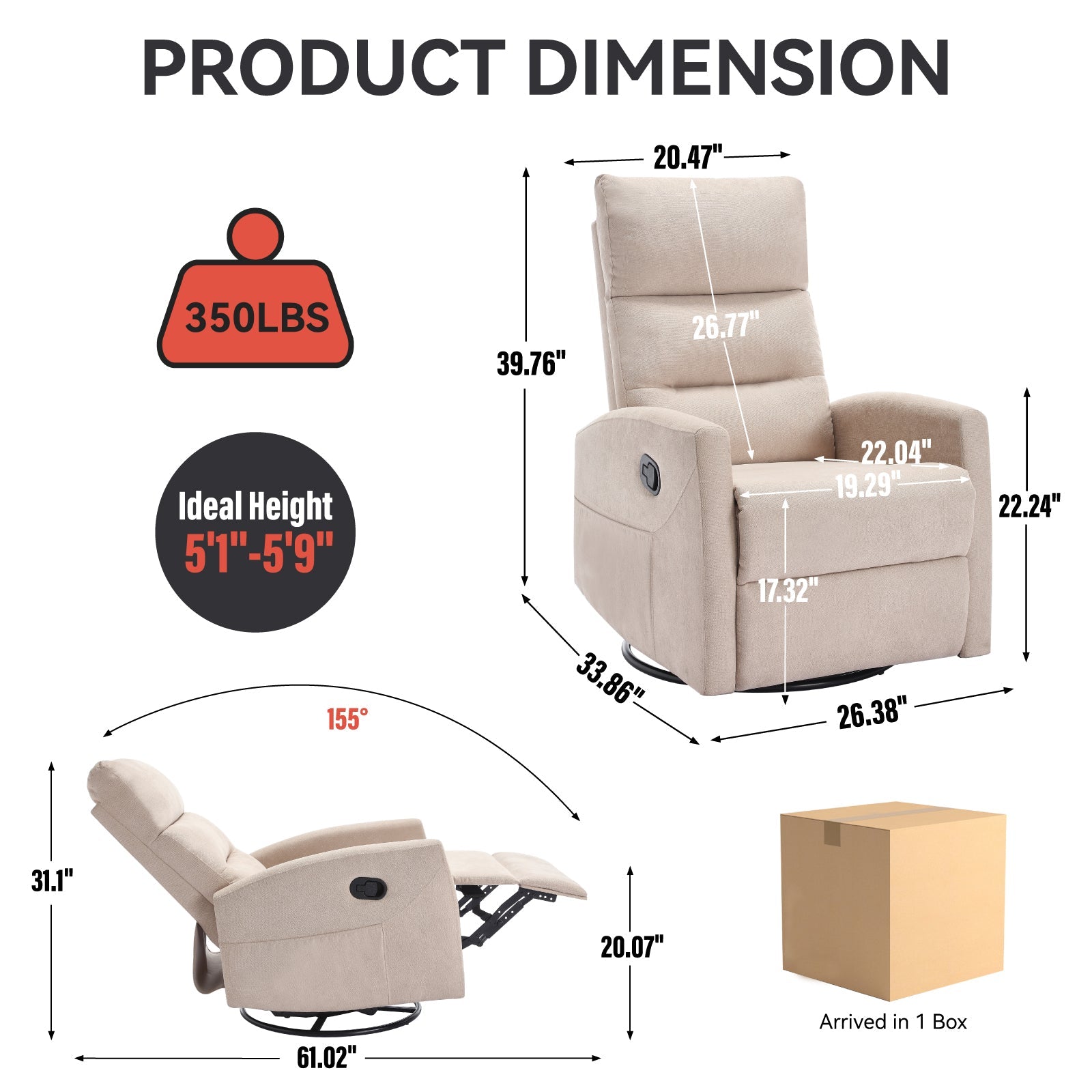 Manual Recliner Chair with Rocker and Swivel in Fabric for Living Room, Beige - 1st Choice Furniture Direct