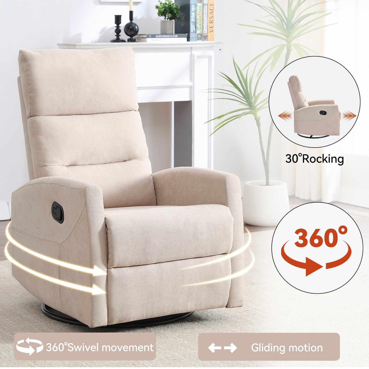 Manual Recliner Chair with Rocker and Swivel in Fabric for Living Room, Beige - 1st Choice Furniture Direct