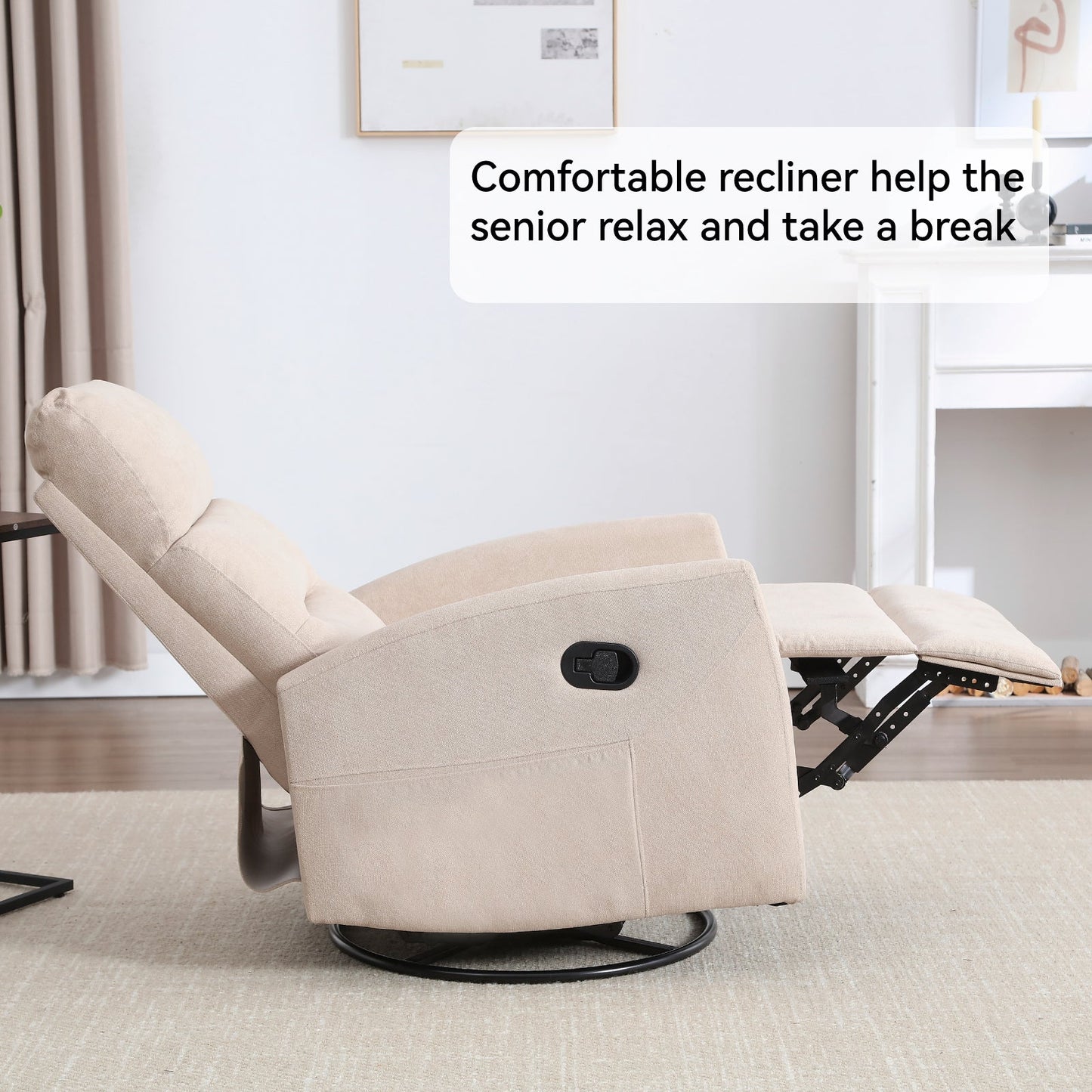 Manual Recliner Chair with Rocker and Swivel in Fabric for Living Room, Beige - 1st Choice Furniture Direct
