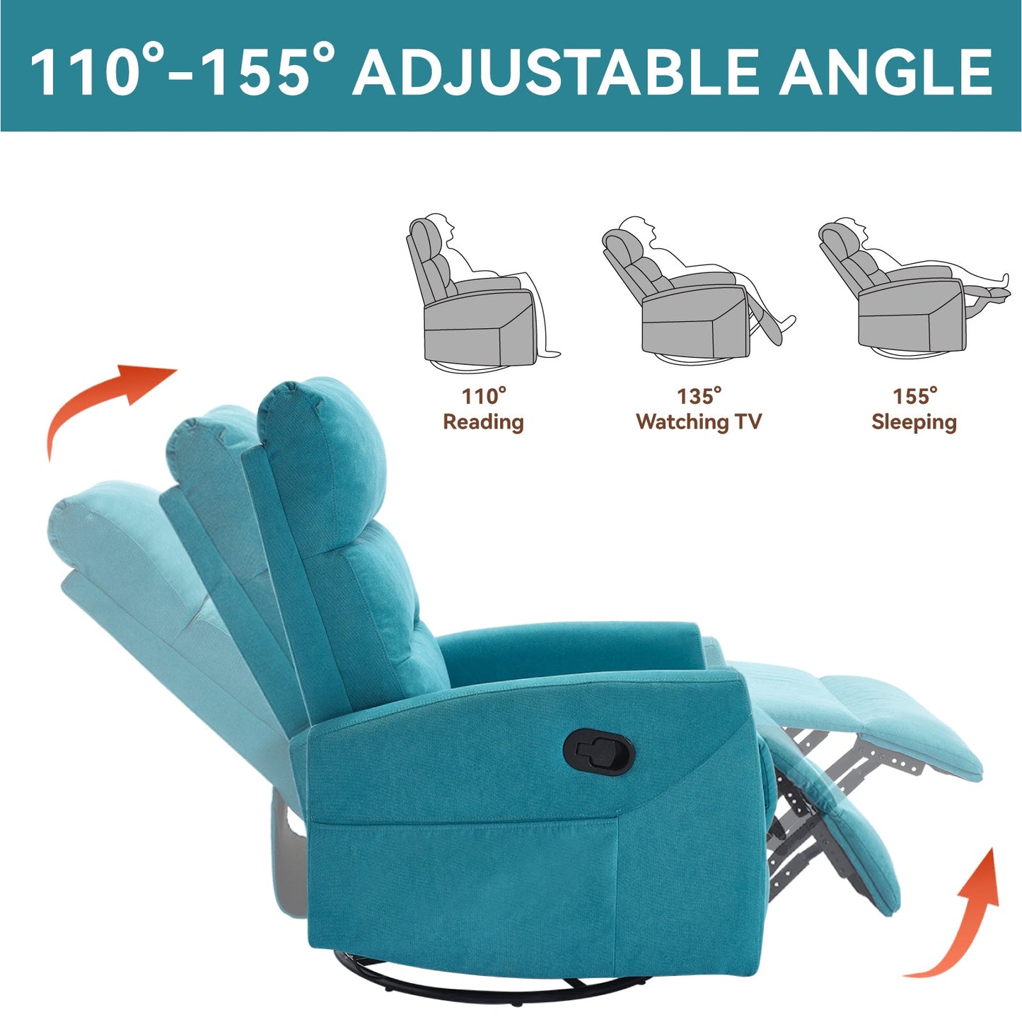 Manual Recliner Chair with Rocker and Swivel in Fabric for Living Room, Blue - 1st Choice Furniture Direct