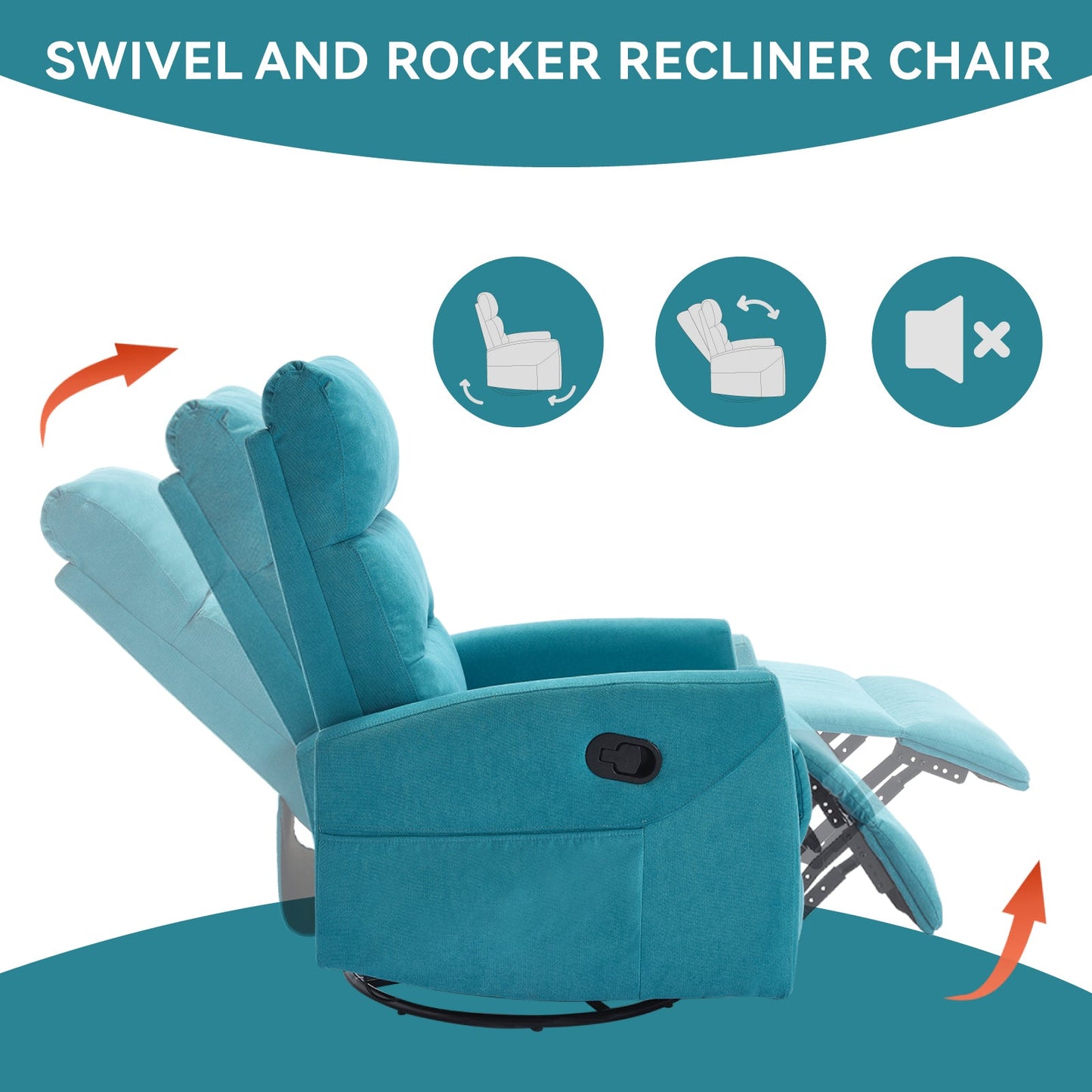 Manual Recliner Chair with Rocker and Swivel in Fabric for Living Room, Blue - 1st Choice Furniture Direct
