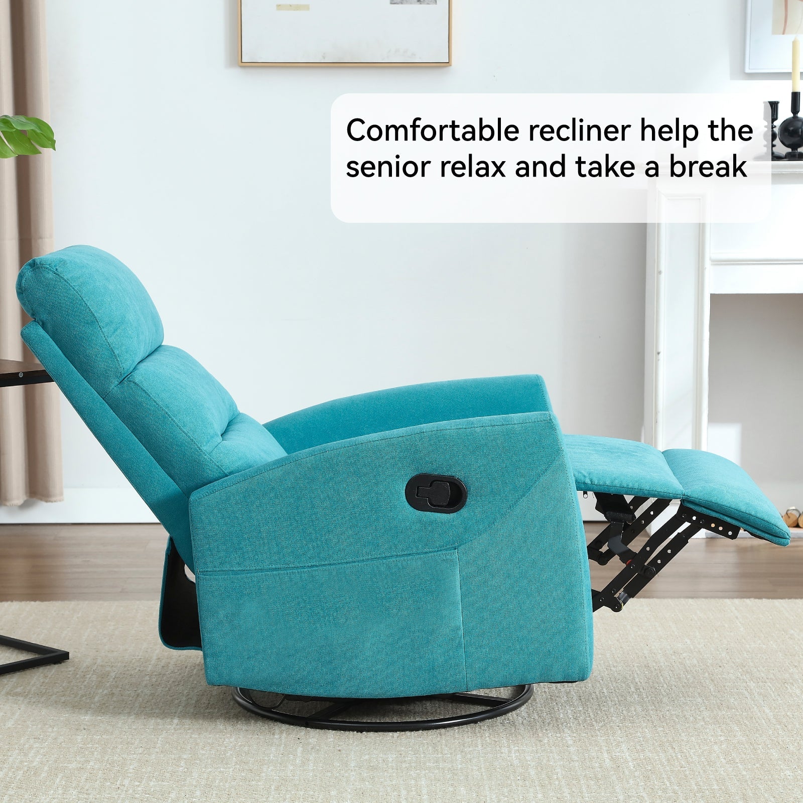 Manual Recliner Chair with Rocker and Swivel in Fabric for Living Room, Blue - 1st Choice Furniture Direct