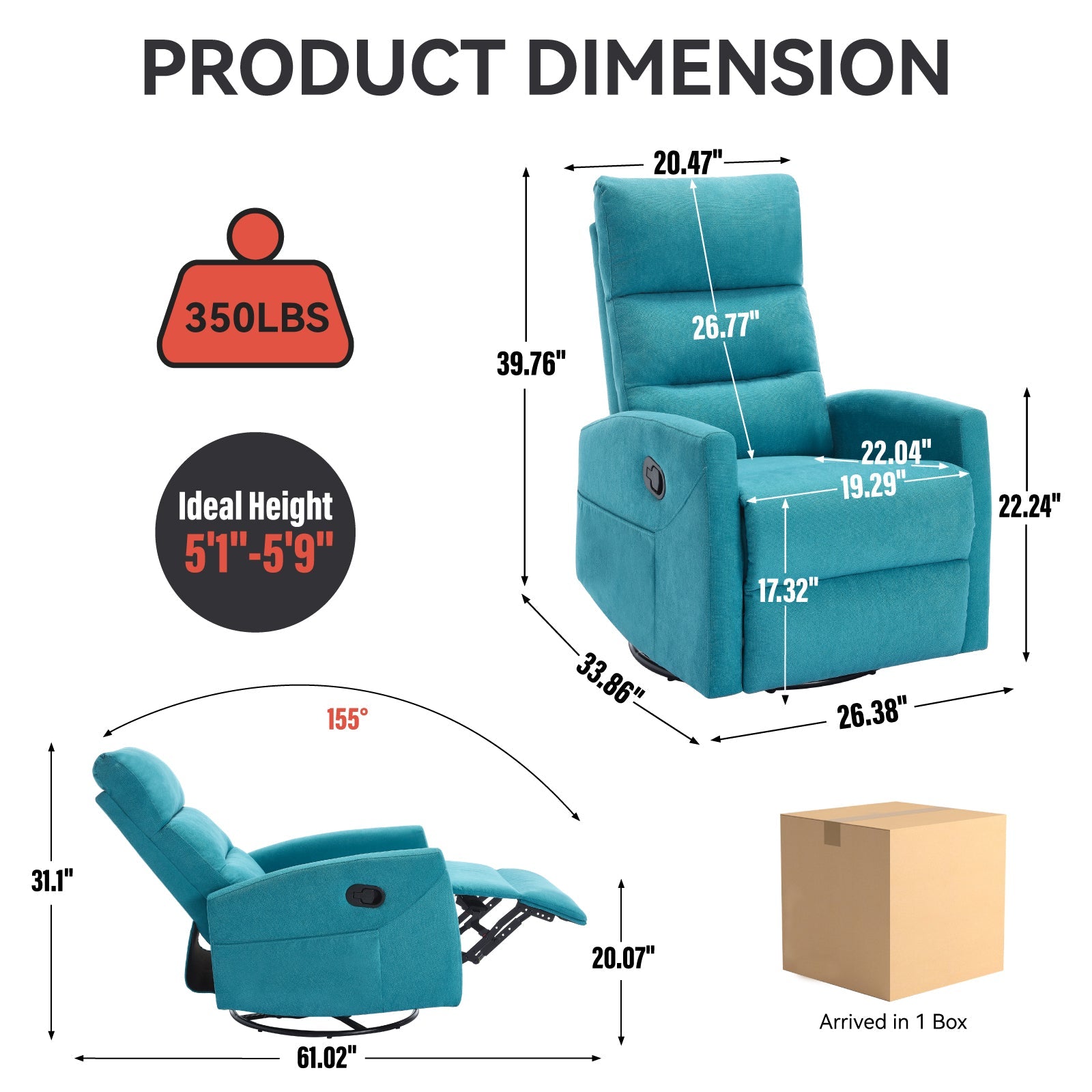 Manual Recliner Chair with Rocker and Swivel in Fabric for Living Room, Blue - 1st Choice Furniture Direct