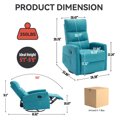Manual Recliner Chair with Rocker and Swivel in Fabric for Living Room, Blue - 1st Choice Furniture Direct